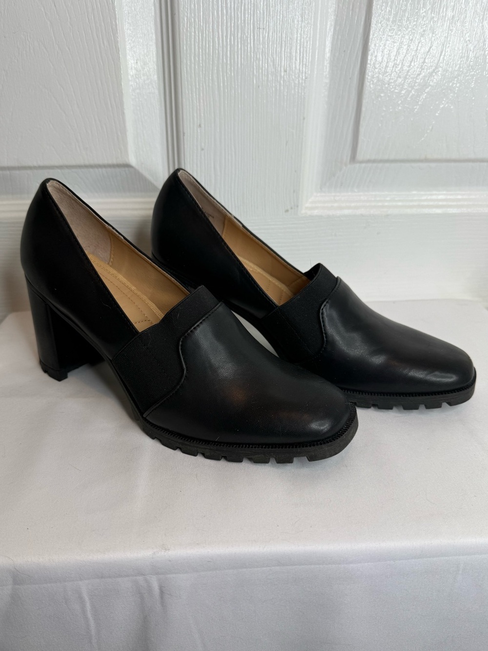 ADRIENNE VITTADINI LUG SOLE BRANDI BLOCK HEEL LOAFER PUMP BLACK 7.5 MEDIUM SHOES